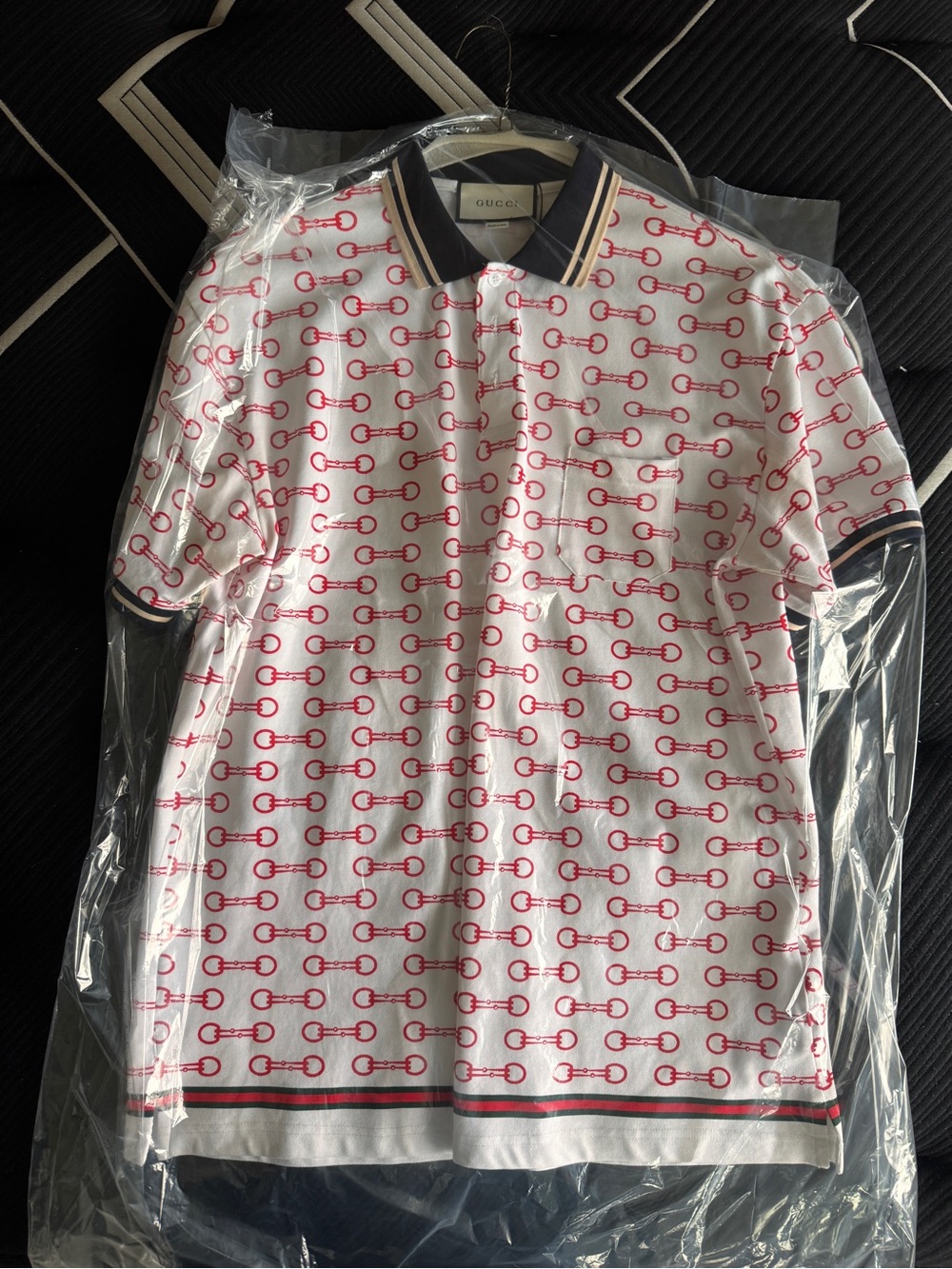 Gucci White Polo Shirt with Red Bit Print and Navy Trim